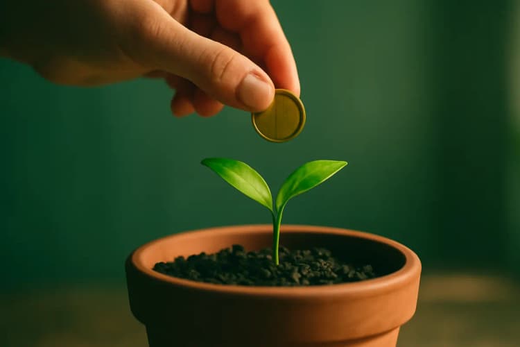 Como aparecer no Google de graça: mão segurando uma moeda caindo em uma planta crescendo.