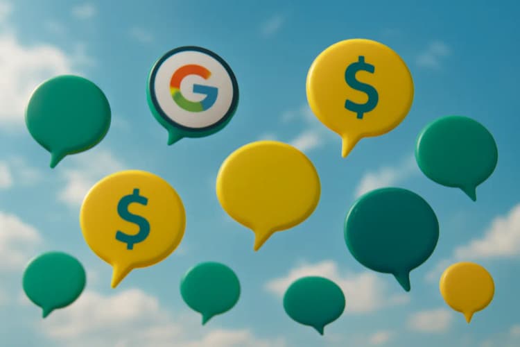 Como anunciar no Google: balões de fala com o logo do Google e símbolo de dólar.