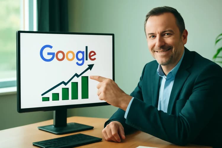 Homem de meia-idade, com expressão de satisfação, apontando para a tela de um computador que exibe o logo do Google e um gráfico de crescimento. A foto é tirada de um plano médio, com luz natural vinda de uma janela ao fundo.