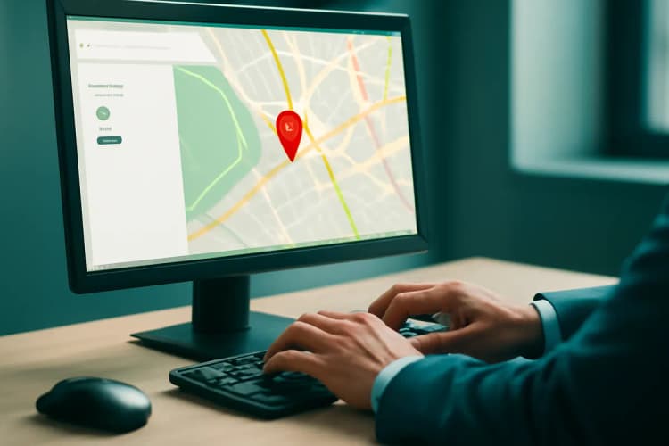 Mão de empresário(a) digitando em um teclado de computador, com o mapa do Google Maps visível na tela. A imagem é um close-up, com foco nas mãos e no teclado, em um ambiente de escritório com luz suave.