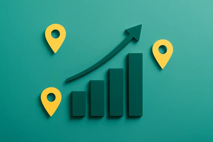Gráfico de barras ascendente sobre um fundo azul, simbolizando o crescimento e o bom posicionamento de uma empresa nos resultados de busca. A imagem é uma vista de cima, com foco no gráfico e em alguns ícones de localização.