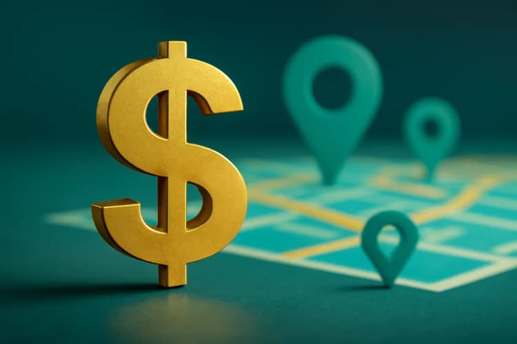 Símbolo de dólar ($) em destaque, com um fundo desfocado de ícones de localização e mapas. A imagem é um close-up, com iluminação dramática, sugerindo o custo de visibilidade online.