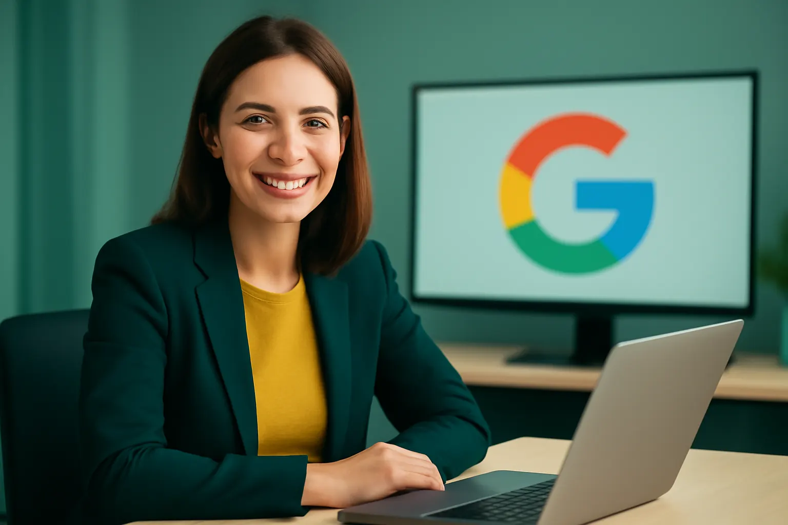 Mulher sorrindo, olhando para a câmera, com um laptop aberto em sua mesa de escritório, em um ambiente de trabalho moderno e iluminado. A palavra "Google" aparece sutilmente em uma tela ao fundo.